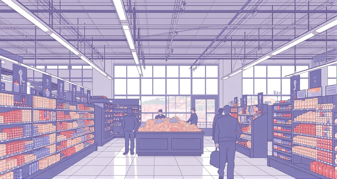 Physical retail grocery store with shoppers
